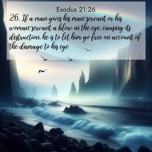BBE Exodus 21:26 overlaying nature image scene: Ocean waves crash against volcanic cliffs as seabirds wheel overhead, creating momentary rainbows.;26. If a man gives his man-servant or his woman-servant a blow in the eye, causing its destruction, he is to let him go free on account of the damage to his eye.