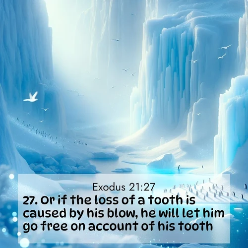 BBE Exodus 21:27 overlaying nature image scene: Antarctic ice cliffs glow blue in the endless polar day. A penguin colony dots the frozen shore below.;27. Or if the loss of a tooth is caused by his blow, he will let him go free on account of his tooth.