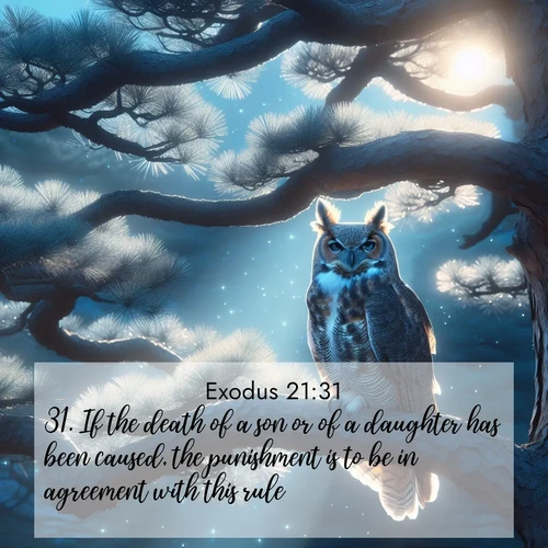 BBE Exodus 21:31 overlaying nature image scene: A great horned owl watches from ancient pine branches. Moonlight silvers its silent wings.;31. If the death of a son or of a daughter has been caused, the punishment is to be in agreement with this rule.
