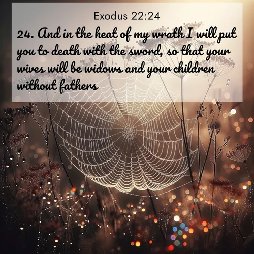 BasicEnglish Exodus  ; image nature: image with the bible verse :And in the heat of my wrath I will put you to death with the sword, so that your wives will be widows and your children without fathers. ; Discover tranquil Bible verse images enhanced with natural scenery like rippling brooks, snow-covered fields, and sunlit beaches. These free images are perfect for wallpapers or spiritual reflection. Share KJV Exodus 22:24. Current verse is overlayed with the thematic nature scene : Morning fog reveals spider galaxies. Dew drops capture rainbow light. ; 22:24