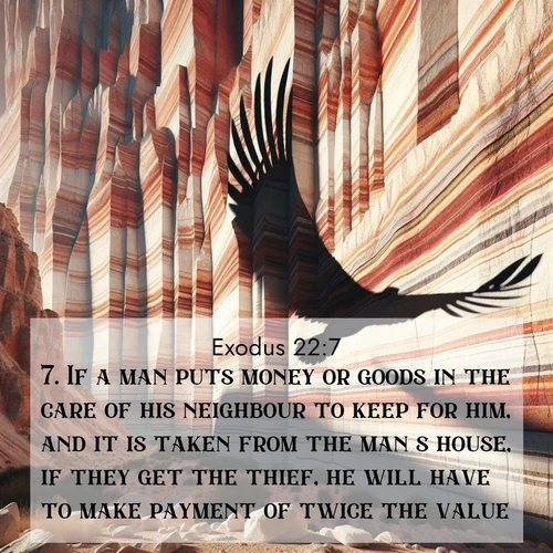 BasicEnglish Exodus  ; image nature: image with the bible verse :If a man puts money or goods in the care of his neighbour to keep for him, and it is taken from the man&#039;s house, if they get the thief, he will have to make payment of twice the value. ; Dive into a gallery of Bible verses illustrated by tropical beach scenes, featuring sparkling waves, seashells, and radiant sunrises. These images evoke divine peace and joy. Download and share inspiring verses like KJV Exodus 22:7. Current verse is overlayed with the thematic nature scene : Desert varnish streaks ancient canyon walls. A condor&#039;s shadow glides across the patterns. ; 22:7