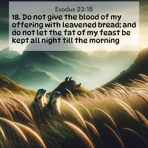 BasicEnglish Exodus  ; image nature: image with the bible verse :Do not give the blood of my offering with leavened bread; and do not let the fat of my feast be kept all night till the morning. ; Explore a unique collection of Bible verses illustrated by winter landscapes, such as snowy mountains, frosty forests, and starry skies. These images capture the peace and beauty of winter. Share verses like KJV Exodus 23:18. Current verse is overlayed with the thematic nature scene : Mountain meadow grasses bend in wind. Marmots whistle from rocky outcrops. ; 23:18