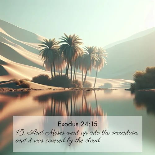 BasicEnglish Exodus  ; image nature: image with the bible verse :And Moses went up into the mountain, and it was covered by the cloud. ; Explore a winter collection of Bible verse images adorned with photos of icy landscapes, frozen waterfalls, and snow-covered forests. These scenes capture divine tranquility and purity. Download inspiring verses like KJV Exodus 24:15. Current verse is overlayed with the thematic nature scene : A desert oasis shimmers in the midday heat, palm fronds rustling above still waters. ; 24:15