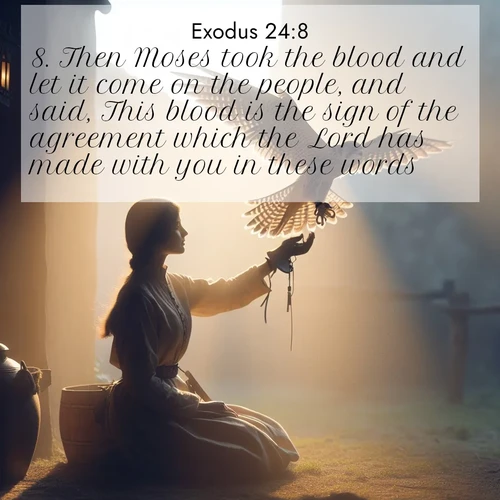 BasicEnglish Exodus  ; image nature: image with the bible verse :Then Moses took the blood and let it come on the people, and said, This blood is the sign of the agreement which the Lord has made with you in these words. ; Explore free Bible verse images with stunning nature themes, including sunlit paths, forest clearings, and endless horizons. Perfect for desktop backgrounds or phone wallpapers. Verses include KJV Exodus 24:8. Current verse is overlayed with the thematic nature scene : A falconer releases his bird. Wind lifts magnificent wings. ; 24:8