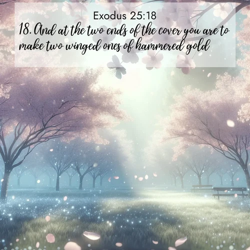 BasicEnglish Exodus  ; image nature: image with the bible verse :And at the two ends of the cover you are to make two winged ones of hammered gold, ; Explore our vast collection of images featuring beautifully illustrated Bible verses accompanied by nature photos. Discover inspiring and motivating verses paired with soothing landscapes, like shimmering lakes, majestic mountains, and lush forests. Our images highlight the peaceful beauty of God&#039;s creation with vibrant colors and varied fonts. Download and share verse images like KJV Exodus 25:18. Current verse is overlayed with the thematic nature scene : Spring rain falls on cherry trees in full bloom, petals drifting like snow. ; 25:18