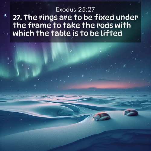 BasicEnglish Exodus  ; image nature: image with the bible verse :The rings are to be fixed under the frame to take the rods with which the table is to be lifted. ; Dive into our collection of Bible verses paired with breathtaking desert landscapes, featuring infinite dunes, shaded oases, and desert sunsets. These images highlight the majestic grandeur of God&#039;s creation. Download and share verses like KJV Exodus 25:27. Current verse is overlayed with the thematic nature scene : Northern lights dance across the frozen tundra in ribbons of green and purple. Snow falls silently on sleeping arctic foxes. ; 25:27