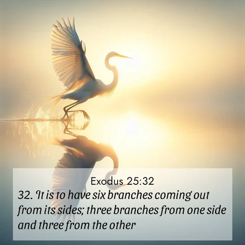 BasicEnglish Exodus  ; image nature: image with the bible verse :It is to have six branches coming out from its sides; three branches from one side and three from the other. ; Browse beautiful Bible verse images accompanied by peaceful scenes like calm seas, ancient forests, and radiant horizons. Download high-quality, free images featuring verses such as KJV Exodus 25:32. Current verse is overlayed with the thematic nature scene : A great egret lifts from mirror-still water. Sunrise sets its wings ablaze. ; 25:32