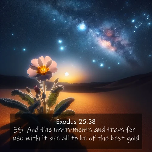 BasicEnglish Exodus  ; image nature: image with the bible verse :And the instruments and trays for use with it are all to be of the best gold. ; Browse our collection of Bible verses paired with captivating photos of God’s creation, like crystal-clear lakes, majestic cliffs, and colorful skies. All images are free for download and sharing. Verse examples include KJV Exodus 25:38. Current verse is overlayed with the thematic nature scene : Desert primrose opens to stars. Night wind carries sweet perfume. ; 25:38
