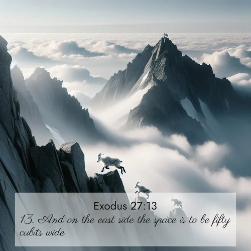 BasicEnglish Exodus  ; image nature: image with the bible verse :And on the east side the space is to be fifty cubits wide. ; Explore our vast collection of images featuring beautifully illustrated Bible verses accompanied by nature photos. Discover inspiring and motivating verses paired with soothing landscapes, like shimmering lakes, majestic mountains, and lush forests. Our images highlight the peaceful beauty of God&#039;s creation with vibrant colors and varied fonts. Download and share verse images like KJV Exodus 27:13. Current verse is overlayed with the thematic nature scene : Mountain goats navigate impossible peaks. Clouds swirl beneath their sure feet. ; 27:13