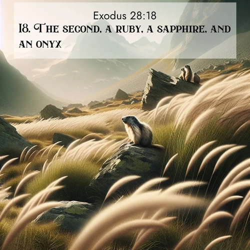 BBE Exodus 28:18 overlaying nature image scene: Mountain meadow grasses bend in alpine wind. Marmots whistle warnings from rocky outcrops.;18. The second, a ruby, a sapphire, and an onyx;