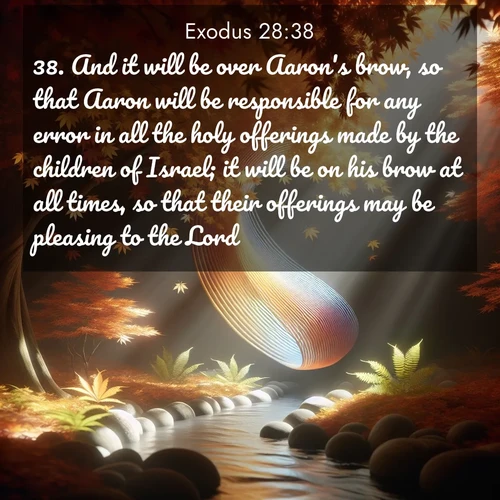 BasicEnglish Exodus  ; image nature: image with the bible verse :And it will be over Aaron&#039;s brow, so that Aaron will be responsible for any error in all the holy offerings made by the children of Israel; it will be on his brow at all times, so that their offerings may be pleasing to the Lord. ; Browse a vast collection of Bible verse images featuring awe-inspiring landscapes such as calm lakes, vibrant sunsets, and peaceful fields. Download them for free and enjoy verses like KJV Exodus 28:38. Current verse is overlayed with the thematic nature scene : Autumn leaves spiral through shafts of light. A hidden stream provides gentle music. ; 28:38