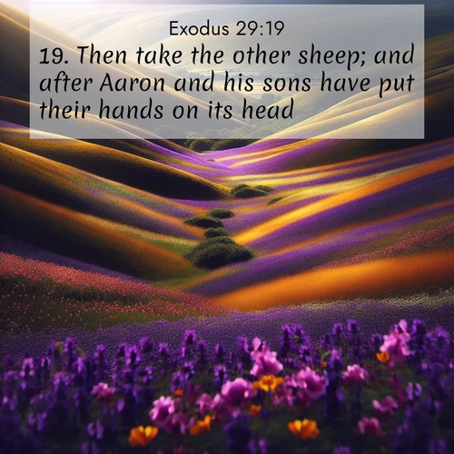 BBE Exodus 29:19 overlaying nature image scene: Spring wildflowers carpet rolling hills in purple and gold.;19. Then take the other sheep; and after Aaron and his sons have put their hands on its head,