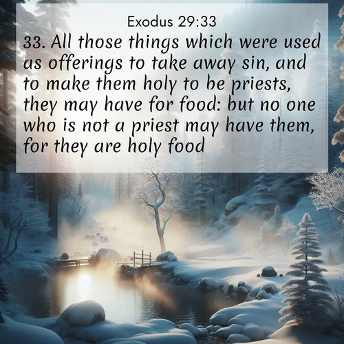 BBE Exodus 29:33 overlaying nature image scene: Morning mist rises from a hot spring in a snow-covered forest.;33. All those things which were used as offerings to take away sin, and to make them holy to be priests, they may have for food: but no one who is not a priest may have them, for they are holy food.