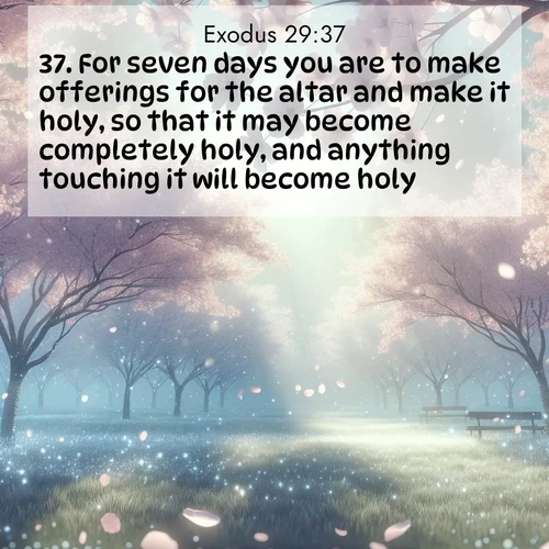 BBE Exodus 29:37 overlaying nature image scene: Spring rain falls on cherry trees in full bloom, petals drifting like snow.;37. For seven days you are to make offerings for the altar and make it holy, so that it may become completely holy, and anything touching it will become holy.