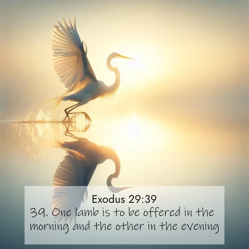 BBE Exodus 29:39 overlaying nature image scene: A great egret lifts from mirror-still water. Sunrise sets its wings ablaze.;39. One lamb is to be offered in the morning and the other in the evening: