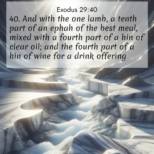 BBE Exodus 29:40 overlaying nature image scene: Mountain streams carve marble smooth. Sunlight dances on clear pools.;40. And with the one lamb, a tenth part of an ephah of the best meal, mixed with a fourth part of a hin of clear oil; and the fourth part of a hin of wine for a drink offering.
