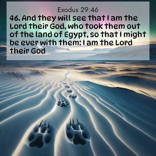 BBE Exodus 29:46 overlaying nature image scene: Arctic fox tracks cross windswept tundra. Northern lights pulse overhead in cosmic rhythm.;46. And they will see that I am the Lord their God, who took them out of the land of Egypt, so that I might be ever with them: I am the Lord their God.