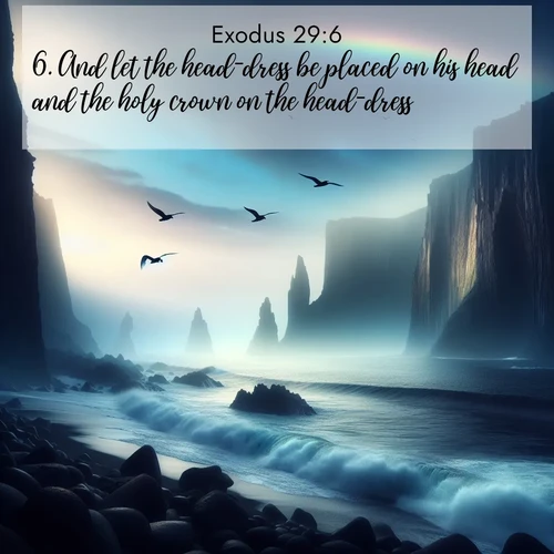 BBE Exodus 29:6 overlaying nature image scene: Ocean waves crash against volcanic cliffs as seabirds wheel overhead, creating momentary rainbows.;6. And let the head-dress be placed on his head and the holy crown on the head-dress.
