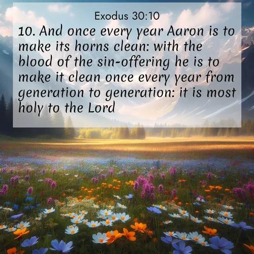BBE Exodus 30:10 overlaying nature image scene: Spring wildflowers carpet an alpine meadow beneath snow-capped peaks.;10. And once every year Aaron is to make its horns clean: with the blood of the sin-offering he is to make it clean once every year from generation to generation: it is most holy to the Lord.
