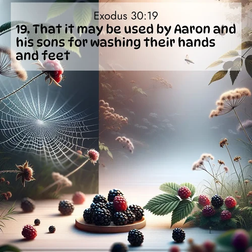 BBE Exodus 30:19 overlaying nature image scene: Wild blackberries ripen in secret hollows. Morning spider webs catch dew like diamonds.;19. That it may be used by Aaron and his sons for washing their hands and feet;