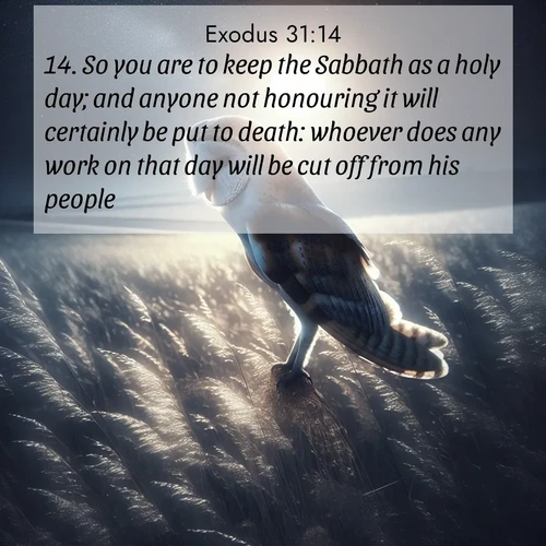 BasicEnglish Exodus  ; image nature: image with the bible verse :So you are to keep the Sabbath as a holy day; and anyone not honouring it will certainly be put to death: whoever does any work on that day will be cut off from his people. ; Browse beautiful Bible verse images accompanied by peaceful scenes like calm seas, ancient forests, and radiant horizons. Download high-quality, free images featuring verses such as KJV Exodus 31:14. Current verse is overlayed with the thematic nature scene : A barn owl quarters silent fields. Moonlight turns meadow grass to silver. ; 31:14