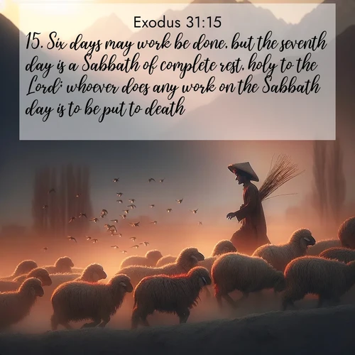 BasicEnglish Exodus  ; image nature: image with the bible verse :Six days may work be done, but the seventh day is a Sabbath of complete rest, holy to the Lord; whoever does any work on the Sabbath day is to be put to death. ; Discover breathtaking Bible verse images combined with vibrant landscapes like rolling hills, blooming gardens, and starry nights. Use them as wallpapers or to inspire others. Download verses like KJV Exodus 31:15. Current verse is overlayed with the thematic nature scene : A shepherd guides his flock home. Sunset paints wool golden red. ; 31:15