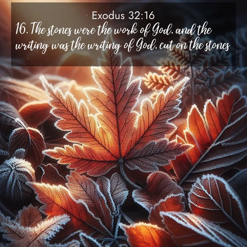 BasicEnglish Exodus  ; image nature: image with the bible verse :The stones were the work of God, and the writing was the writing of God, cut on the stones. ; Explore a rich collection of Bible verse images beautifully illustrated by natural landscapes, such as colorful skies, towering mountains, and tranquil rivers. The images highlight the serenity of God&#039;s creation with vivid tones and carefully chosen typography. Download and share inspiring verses like KJV Exodus 32:16. Current verse is overlayed with the thematic nature scene : Autumn frost rims fallen leaves with crystal. ; 32:16