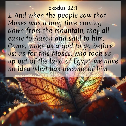 BasicEnglish Exodus  ; image nature: image with the bible verse :And when the people saw that Moses was a long time coming down from the mountain, they all came to Aaron and said to him, Come, make us a god to go before us: as for this Moses, who took us up out of the land of Egypt, we have no idea what has become of him. ; Admire our gallery of Bible verse images paired with serene nature photography, featuring starlit skies, golden sands, and blooming wildflowers. Download and share verses like KJV Exodus 32:1. Current verse is overlayed with the thematic nature scene : Frost crystals form intricate patterns on a fallen leaf. Morning sun transforms them into rainbow prisms. ; 32:1