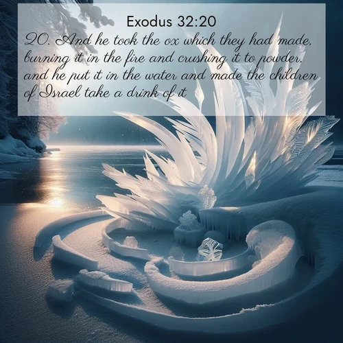 BasicEnglish Exodus  ; image nature: image with the bible verse :And he took the ox which they had made, burning it in the fire and crushing it to powder, and he put it in the water and made the children of Israel take a drink of it. ; Discover inspiring Bible verse images featuring natural wonders like lush forests, sunny horizons, and cascading waterfalls. Perfect for wallpapers or spiritual encouragement. Download verses like KJV Exodus 32:20. Current verse is overlayed with the thematic nature scene : Winter ice forms abstract sculptures along a lake shore. ; 32:20