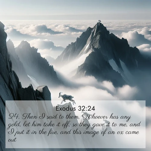 BasicEnglish Exodus  ; image nature: image with the bible verse :Then I said to them, Whoever has any gold, let him take it off; so they gave it to me, and I put it in the fire, and this image of an ox came out. ; Discover a unique collection of Bible verses adorned with winter landscapes, such as snow-covered forests, gently falling snowflakes, and pristine mountains. These images evoke the peace and purity of God&#039;s creation. Share verses like KJV Exodus 32:24. Current verse is overlayed with the thematic nature scene : Mountain goats navigate impossible peaks. Clouds swirl beneath their sure feet. ; 32:24