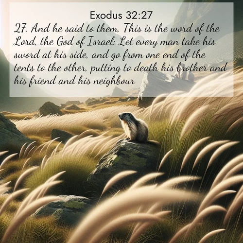 BasicEnglish Exodus  ; image nature: image with the bible verse :And he said to them, This is the word of the Lord, the God of Israel: Let every man take his sword at his side, and go from one end of the tents to the other, putting to death his brother and his friend and his neighbour. ; Dive into our collection of Bible verse images combined with sublime nature photos, such as graceful waterfalls, radiant sunsets, and endless meadows. These compositions highlight the peace and harmony of God&#039;s creation with vivid colors and carefully integrated text. Download and share verses like KJV Exodus 32:27. Current verse is overlayed with the thematic nature scene : Mountain meadow grasses bend in alpine wind. Marmots whistle warnings from rocky outcrops. ; 32:27
