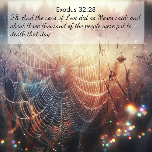 BasicEnglish Exodus  ; image nature: image with the bible verse :And the sons of Levi did as Moses said; and about three thousand of the people were put to death that day. ; Discover a gallery of Bible verse images showcasing the beauty of autumn, with golden leaves, red forests, and peaceful fields bathed in soft light. These soothing scenes are perfect for accompanying inspiring verses like KJV Exodus 32:28. Current verse is overlayed with the thematic nature scene : Morning fog reveals spider web galaxies. Dew drops catch rainbow light. ; 32:28