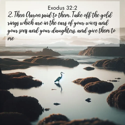 BasicEnglish Exodus  ; image nature: image with the bible verse :Then Aaron said to them, Take off the gold rings which are in the ears of your wives and your sons and your daughters, and give them to me. ; Browse beautiful Bible verse images accompanied by peaceful scenes like calm seas, ancient forests, and radiant horizons. Download high-quality, free images featuring verses such as KJV Exodus 32:2. Current verse is overlayed with the thematic nature scene : A great blue heron fishes in tidal pools. Waves crash on distant reefs. ; 32:2
