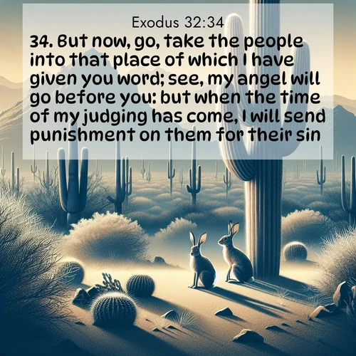 BasicEnglish Exodus  ; image nature: image with the bible verse :But now, go, take the people into that place of which I have given you word; see, my angel will go before you: but when the time of my judging has come, I will send punishment on them for their sin. ; Browse a large collection of Bible verse images with photos showcasing the splendor of nature. Scenes of peaceful rivers, verdant valleys, and radiant skies enhance the inspiring verses. Each image reflects the serenity and joy of God&#039;s creation, with elegant text fonts. Download and share verses such as KJV Exodus 32:34. Current verse is overlayed with the thematic nature scene : Desert jackrabbits pause in saguaro shade. Heat waves distort distant peaks. ; 32:34