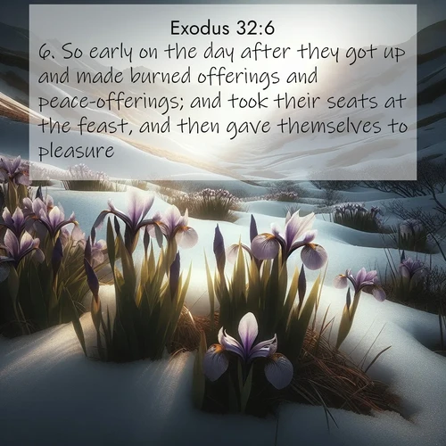 BasicEnglish Exodus  ; image nature: image with the bible verse :So early on the day after they got up and made burned offerings and peace-offerings; and took their seats at the feast, and then gave themselves to pleasure. ; Explore a gallery of beautiful Bible verse images with tranquil natural settings—perfect for phone backgrounds or inspirational posts. Download your favorite verses like KJV Exodus 32:6 today. Current verse is overlayed with the thematic nature scene : Wild irises pierce winter&#039;s last snow. Alpine light sets their petals ablaze. ; 32:6