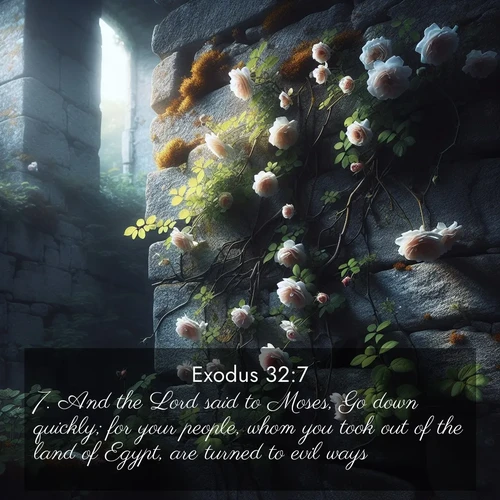 BasicEnglish Exodus  ; image nature: image with the bible verse :And the Lord said to Moses, Go down quickly; for your people, whom you took out of the land of Egypt, are turned to evil ways; ; Explore a stunning collection of Bible verse images featuring picturesque scenery like sun-drenched meadows, tranquil lakes, and majestic forests. All images are free to download and share. Verses include KJV Exodus 32:7. Current verse is overlayed with the thematic nature scene : Wild roses climb abandoned stone walls. Time stands still in the secret garden. ; 32:7
