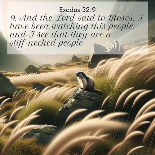 BasicEnglish Exodus  ; image nature: image with the bible verse :And the Lord said to Moses, I have been watching this people, and I see that they are a stiff-necked people. ; Browse high-resolution Bible verse images featuring stunning nature photography, such as radiant sunsets, tranquil rivers, and blooming fields. Perfect for wallpapers or sharing on social media. Download KJV Exodus 32:9. Current verse is overlayed with the thematic nature scene : Mountain meadow grasses bend in alpine wind. Marmots whistle warnings from rocky outcrops. ; 32:9