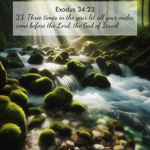 BasicEnglish Exodus  ; image nature: image with the bible verse :Three times in the year let all your males come before the Lord, the God of Israel. ; Dive into our collection of Bible verse images beautifully illustrated with beach photos, featuring gentle waves, sunsets over the sea, and sandy shores. These scenes evoke the peace and majesty of God. Download and share inspiring verses like KJV Exodus 34:23. Current verse is overlayed with the thematic nature scene : A mountain stream tumbles through moss-covered stones. Sunlight dapples the crystal-clear water. ; 34:23