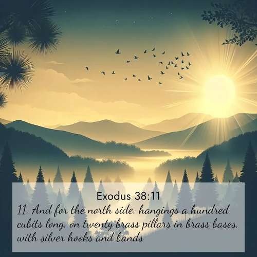 BBE Exodus 38:11 overlaying nature image scene: Morning mist reveals hidden valleys. Birdsong heralds the dawn.;11. And for the north side. hangings a hundred cubits long, on twenty brass pillars in brass bases, with silver hooks and bands.