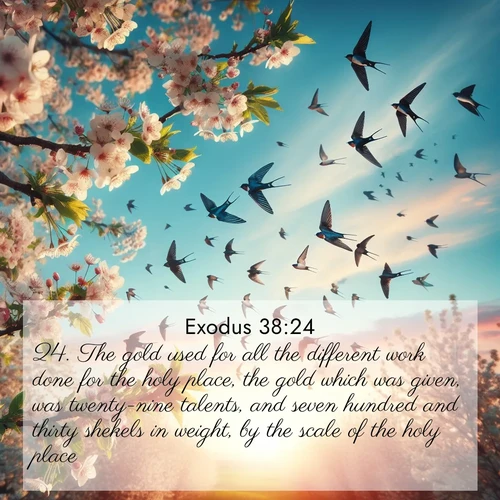 BBE Exodus 38:24 overlaying nature image scene: Spring migration fills the sky with countless swallows.;24. The gold used for all the different work done for the holy place, the gold which was given, was twenty-nine talents, and seven hundred and thirty shekels in weight, by the scale of the holy place.
