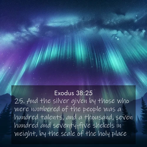 BBE Exodus 38:25 overlaying nature image scene: Aurora borealis ripples like cosmic curtains. Pine trees stand sentinel beneath the light show.;25. And the silver given by those who were numbered of the people was a hundred talents, and a thousand, seven hundred and seventy-five shekels in weight, by the scale of the holy place.