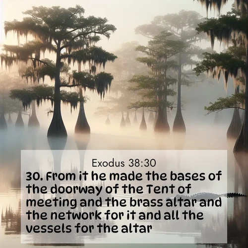 BBE Exodus 38:30 overlaying nature image scene: Morning fog clings to gnarled cypress trees in the swamp. An alligator glides silently through the dark water.;30. From it he made the bases of the doorway of the Tent of meeting and the brass altar and the network for it and all the vessels for the altar,