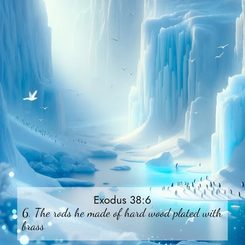 BBE Exodus 38:6 overlaying nature image scene: Antarctic ice cliffs glow blue in the endless polar day. A penguin colony dots the frozen shore below.;6. The rods he made of hard wood plated with brass.