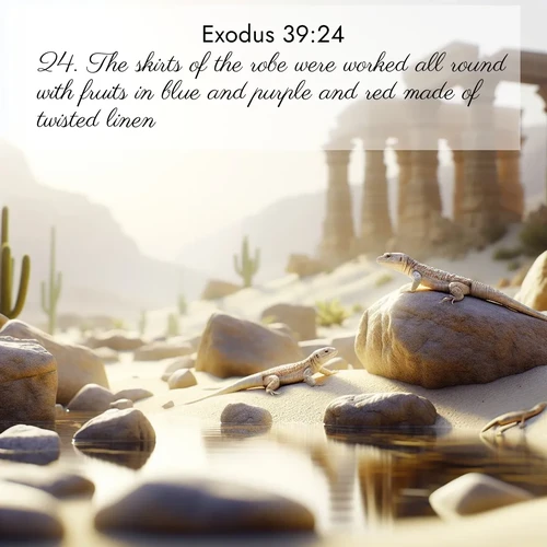 BasicEnglish Exodus  ; image nature: image with the bible verse :The skirts of the robe were worked all round with fruits in blue and purple and red made of twisted linen. ; Browse a vast collection of Bible verse images featuring awe-inspiring landscapes such as calm lakes, vibrant sunsets, and peaceful fields. Download them for free and enjoy verses like KJV Exodus 39:24. Current verse is overlayed with the thematic nature scene : Desert lizards bask on sun-warmed rocks near ancient ruins. ; 39:24