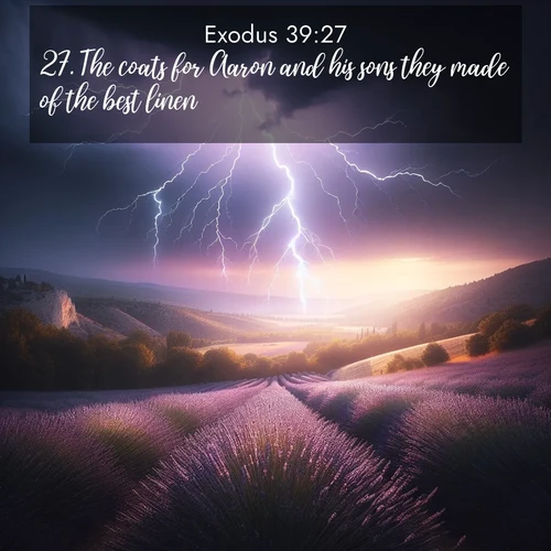 BasicEnglish Exodus  ; image nature: image with the bible verse :The coats for Aaron and his sons they made of the best linen; ; Explore Bible verse images highlighting the beauty of spring, with vibrant flowers, butterflies, and blossoming fruit trees. These scenes evoke divine hope and renewal. Download inspiring verses like KJV Exodus 39:27. Current verse is overlayed with the thematic nature scene : Lightning illuminates a field of lavender in the Provence countryside. Thunder rolls across the valley like distant drums. ; 39:27