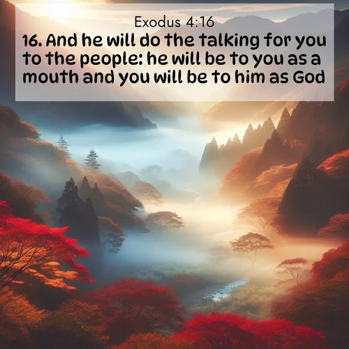 BBE Exodus 4:16 overlaying nature image scene: Autumn mist rises from a valley dotted with red and gold maples.;16. And he will do the talking for you to the people: he will be to you as a mouth and you will be to him as God.