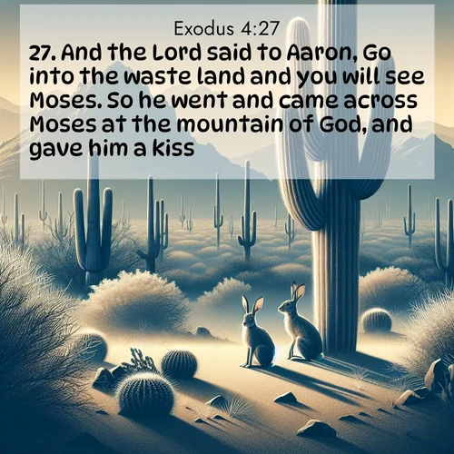BBE Exodus 4:27 overlaying nature image scene: Desert jackrabbits pause in saguaro shade. Heat waves distort distant peaks.;27. And the Lord said to Aaron, Go into the waste land and you will see Moses. So he went and came across Moses at the mountain of God, and gave him a kiss.
