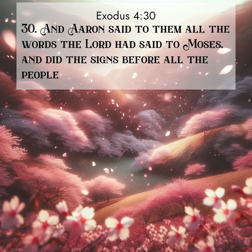 BBE Exodus 4:30 overlaying nature image scene: Cherry blossoms blanket the hillside in soft pink snow, swirling through the air like nature's confetti.;30. And Aaron said to them all the words the Lord had said to Moses, and did the signs before all the people.