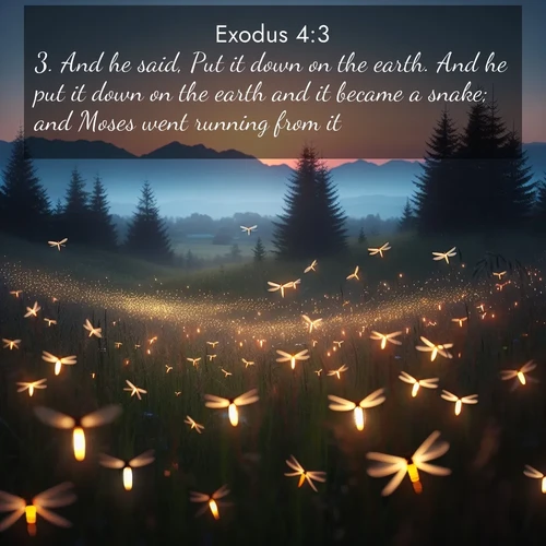 BBE Exodus 4:3 overlaying nature image scene: Lightning bugs rise from summer meadows at dusk. Their lights dance like earthbound stars.;3. And he said, Put it down on the earth. And he put it down on the earth and it became a snake; and Moses went running from it.