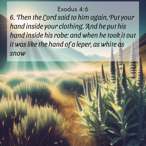 BBE Exodus 4:6 overlaying nature image scene: Summer heat brings out the scent of sage in mountain meadows.;6. Then the Lord said to him again, Put your hand inside your clothing. And he put his hand inside his robe: and when he took it out it was like the hand of a leper, as white as snow.